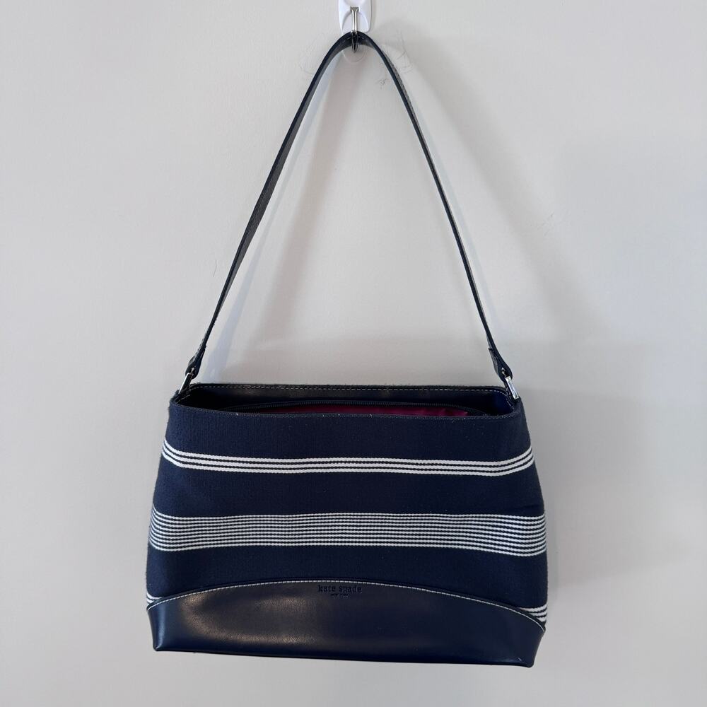 Vintage Kate Spade Y2K Navy Canvas Striped Baguette Shoulder Bag Pink Lining